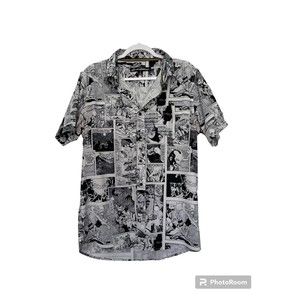 Just Attitude Shirt Men's Black White Manga Anime Comic Short Sleeve Button Down